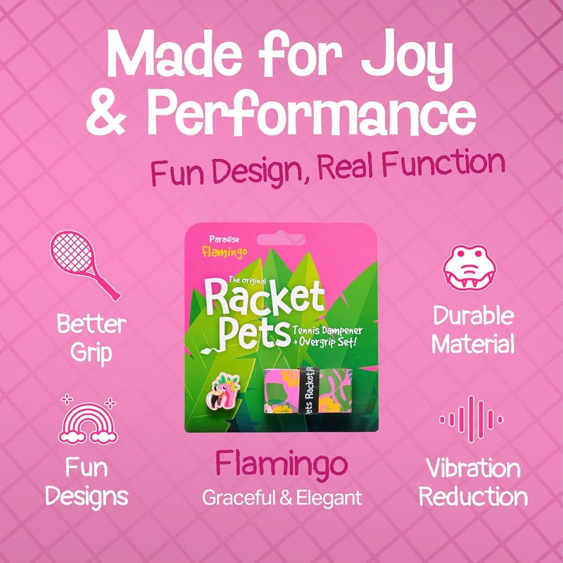 Racket Pets Kids Tennis Racket Dampener & Matching Overgrip Tape, Performance Shock Absorbing Dampener for Tennis Racket & Fun Animal Print Tennis Wrap Grip Tape (Flamingo) - Image 3